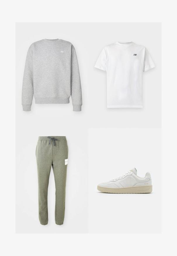 Grå crewneck sweatshirt lavet af fleece-materiale, med ribbede manchetter og kant, samt et lille hvidt logo på brystet.; Hvid t-shirt med korte ærmer og rund halsudskæring med et lille sort New Balance-logo på øverste venstre bryst på en ensartet lys baggrund.; Heather grå tapered sweatpants med elastik i taljen, snørebånd, sidelommer, ankelflæng og et lille hvidt mærke på højre lår.; Hvide lædersneakers med struktureret overflade og polstret krave. Har en beige gummisål og diskret branding på hælen og siden.