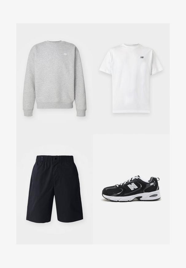 Grå crewneck sweatshirt lavet af fleece-materiale, med ribbede manchetter og kant, samt et lille hvidt logo på brystet.; Hvid t-shirt med korte ærmer og rund halsudskæring med et lille sort New Balance-logo på øverste venstre bryst på en ensartet lys baggrund.; Sorte shorts lavet af letvægtsstof, med flad front, elastisk talje og sidelommer. Enkel design uden mønstre.; Sorte og grå sportssko med mesh og ruskind på overdelen, der har en hvid mellemsål, snørebånd og et iøjnefaldende "N" logo på siden.
