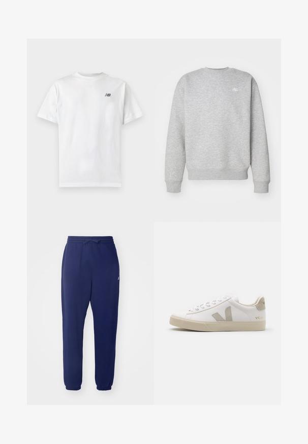Grauer Rundhalsausschnitt-Pullover aus Fleece-Material, mit gerippten Bündchen und Saum, und einem kleinen weißen Logo auf der Brust.; Weißes T-Shirt mit kurzen Ärmeln und Rundhalsausschnitt mit kleinem schwarzem New Balance-Logo auf der oberen linken Brust auf einem einfarbigen hellen Hintergrund.; Navyblaue Jogginghosen mit elastischem Bund und Kordelzug, tapered Beinen und gerippten Bündchen. Aus weichem Stoff und mit minimalem Branding.; Weiße Ledersneaker mit beigen Akzenten, flacher Gummisohle, runder Zehenpartie und kontrastierendem Logo an der Seite und Rückseite. Mit Schnürdesign.