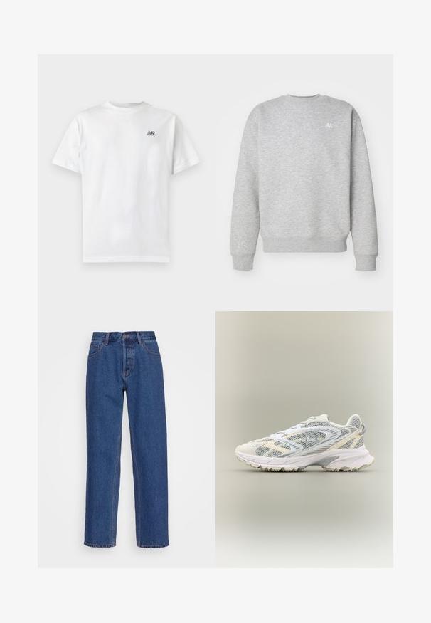 Grå crewneck sweatshirt lavet af fleece-materiale, med ribbede manchetter og kant, samt et lille hvidt logo på brystet.; Hvid t-shirt med korte ærmer og rund halsudskæring med et lille sort New Balance-logo på øverste venstre bryst på en ensartet lys baggrund.; Blå denim jeans med en klassisk lige ben-design, der har høj talje, bæltestropper og diskrete syninger.; Hvid atletiksko med grå mesh-paneler, teksturerede overlejringer, en polstret krave og en gummisål med små grebspidser.