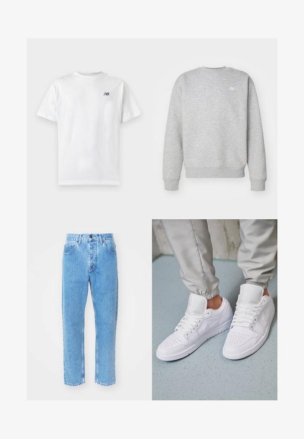 Grijze sweatshirt met ronde hals, gemaakt van fleece, voorzien van ribgebreide boorden en onderrand, met een klein wit logo op de borst.; Witte T-shirt met korte mouwen en ronde hals met een klein zwart New Balance-logo op de linker bovenkant van de borst op een effen lichte achtergrond.; Lichtblauwe denim jeans hebben een rechte pijpdesign, vijf zakken en een klassiek knoopsluiting bij de taille.; Witte leren sneakers met een geperforeerde neus, platte veters, een gepolsterde kraag en het Jordan-logo op de tong. Gediend met grijze joggers.