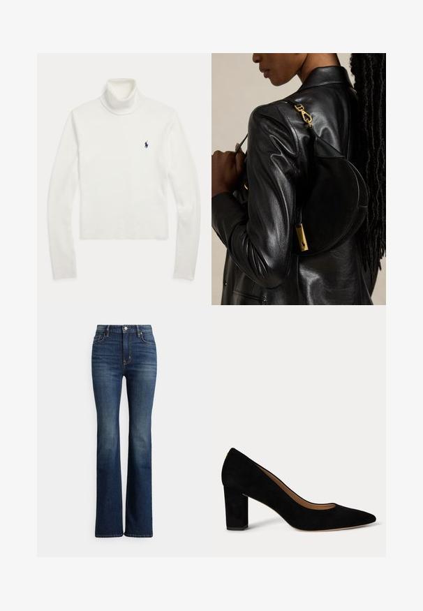 Witte coltrui met lange mouwen en een klein donkerblauw geborduurd logo op de linkerborst.; Donkerblauwe high-waist bootcut jeans met knoopsluiting aan de voorkant en zakken, lichte vervaging op de dijen en knieën, weergegeven tegen een witte achtergrond.; Zwarte suède damesschoen met lage blokhak, spits toelopende neus en beige binnenvoering op een witte achtergrond.; Persoon die een zwarte leren jas draagt, draagt een zwarte halve maanvormige handtas met gouden gesp over de schouder tegen een effen achtergrond.