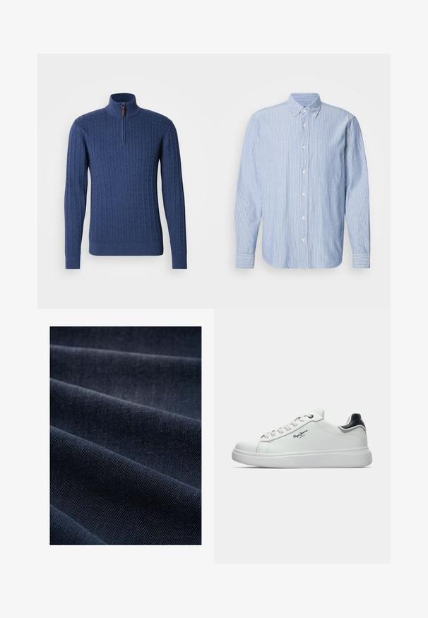 Jersey de punto azul marino con cremallera hasta un cuarto, con un patrón texturizado de cable y puños y dobladillo acanalados. Material suave y elástico.; Camisa de botones en azul claro con rayas blancas, que presenta un cuello clásico y mangas largas. Confeccionada en tejido tejido con una textura suave.; Tela de mezclilla azul oscuro con una textura acanalada, que muestra arrugas y ondas, destacando su peso y durabilidad.; Zapatilla baja blanca con acento negro en el talón, cordones blancos y logo "Pepe Jeans London" en el lateral, mostrada de perfil sobre un fondo blanco.