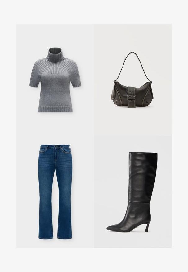 Grå strikket sweater med korte ærmer, ribbet rullekrave og ribdetaljer på skuldre og kant, vist på hvid baggrund.; Blå denimjeans med let falmet, forreste knap og lynlås, fem-lommers stil og lige ben på en ensfarvet baggrund.; Sorte læder knæhøje støvler med spids tå og slank hæl. Glat tekstur med sømløst design og en poleret finish.; Sort læder skuldertaske med spænde på remmen, afrundede kanter og kontrasterende hvide syninger på en ensfarvet baggrund.