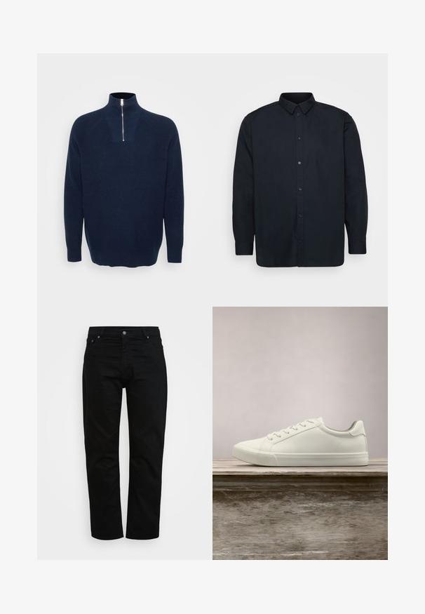 Marineblå zip-neck sweater lavet af ribbet materiale. Har en opretstående krave og raglanærmer. Løs pasform med en lige kant.; Sort skjorte med knapper lavet af bomuld, med en klassisk krave, lange ærmer og syv frontknapper. Glat tekstur, uden bemærkelsesværdige mønstre.; Sorte jeans lavet af bomuld, med klassisk snit, fem-lomme design og metalknaplukning. Glat tekstur med lige ben.; Hvide snørresneakers svævende over en træbænk med grønne planter i baggrunden, der fremhæver skodesign og tekstur.