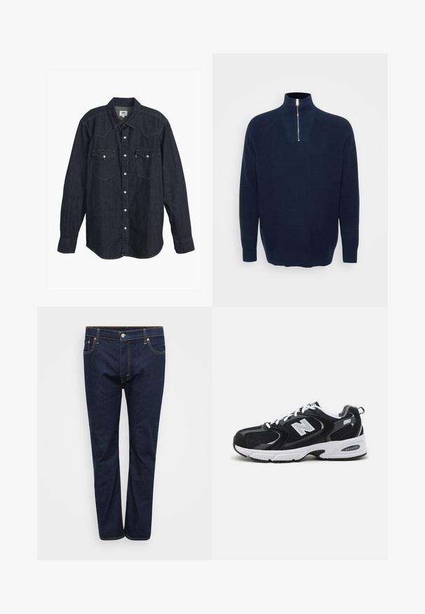 Marineblå zip-neck sweater lavet af ribbet materiale. Har en opretstående krave og raglanærmer. Løs pasform med en lige kant.; Mørk denim langærmet skjorte med spids krave, to brystlommer, hvide knapper og kontrastfarvet gul syning. Glat, holdbart stof.; Mørkeblå denim jeans med lige ben, der har synlige stikninger i kontrasterende gul, fem lommer og en frontlukning med knap.; Sorte og grå sportssko med mesh og ruskind på overdelen, der har en hvid mellemsål, snørebånd og et iøjnefaldende "N" logo på siden.