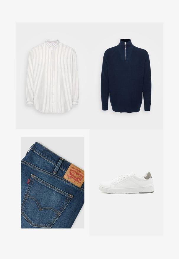 Marineblå zip-neck sweater lavet af ribbet materiale. Har en opretstående krave og raglanærmer. Løs pasform med en lige kant.; Skjorte med knap-op i hvid og lys beige striber, lange ærmer, lomme på venstre bryst, klassisk krave, letvægtsstof.; Baglomme og linning på blå Levi's 502 jeans med lædermærke og rød Levi's stofmærkat.; Hvid sneaker lavet af glat læder, rund tå, minimalistisk design, grå hælafsats og tekstureret gummisål.