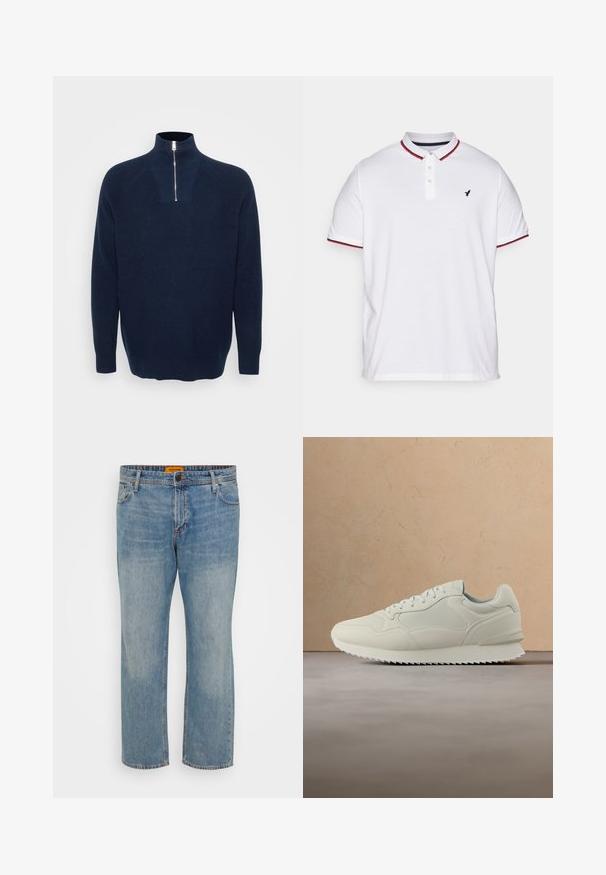 Marineblå zip-neck sweater lavet af ribbet materiale. Har en opretstående krave og raglanærmer. Løs pasform med en lige kant.; Hvid polo skjorte med krave, tre-knaps lukning, røde og marineblå striber på ærmerne, samt et lille sort logo på brystet.; Lyseblå denim jeans med lige ben, der har fem lommer, knaplukning og orange mærke på taljebåndet.; Kremfarvet sneaker med snøredesign, tyk sål og tekstureret ydersål, svævende over en beige tæppe- og sofabaggrund.