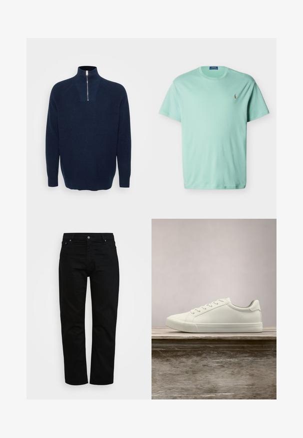 Marineblå zip-neck sweater lavet af ribbet materiale. Har en opretstående krave og raglanærmer. Løs pasform med en lige kant.; Lysegrøn Polo Ralph Lauren t-shirt med rund hals, korte ærmer og lille broderet hestelogo på venstre bryst.; Sorte jeans lavet af bomuld, med klassisk snit, fem-lomme design og metalknaplukning. Glat tekstur med lige ben.; Hvide snørresneakers svævende over en træbænk med grønne planter i baggrunden, der fremhæver skodesign og tekstur.