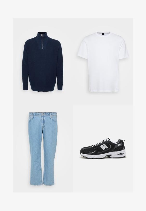 Navy Zip-Kragen-Pullover aus geripptem Material. Krempelkragen und Raglanärmel. Lockerer Schnitt mit geradem Saum.; Weißes Baumwoll-T-Shirt mit rundem Halsausschnitt und kurzen Ärmeln. Mit einem dezenten Markenschild am Hals. Glatte Textur, klassischer Schnitt.; Helle blaue Denim-Jeans mit geradem Bein, ausgestattet mit einem Fünf-Taschen-Design und einem Knopfverschluss an der Taille.; Schwarze und graue Sportschuhe mit Obermaterial aus Mesh und Wildleder, ausgestattet mit einer weißen Zwischensohle, Schnürsenkeln und einem markanten "N"-Logo an der Seite.