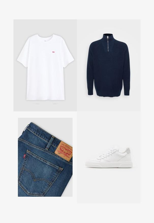 Marineblå zip-neck sweater lavet af ribbet materiale. Har en opretstående krave og raglanærmer. Løs pasform med en lige kant.; Hvid bomulds t-shirt med korte ærmer og rund halsudskæring. Har et lille rødt Levi's logo på venstre bryst. Flad design, uden mønstre.; Baglomme og linning på blå Levi's 502 jeans med lædermærke og rød Levi's stofmærkat.; Hvide lædersneakers med en glat finish, rund tå, flade snørebånd og en struktureret sål. Grå ruskindsdetalje ved hælen.