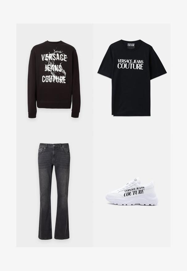 Sudadera negra de manga larga con texto blanco "Versace Jeans Couture" y gráfico de salpicadura de agua en el frente. Puños y dobladillo acanalados.; Camiseta de algodón negra con mangas cortas que presenta un gran texto blanco "VERSACE JEANS COUTURE" en la parte delantera. Diseño clásico de cuello redondo.; Jeans de mezclilla negra con diseño acampanado, cinco bolsillos y cierre de botón metálico. La tela tiene una textura suave con un ligero desgaste.; Zapatilla blanca gruesa con suela gruesa, diseño con cordones y "Versace Jeans Couture" impreso en letras negras negritas en el lateral.
