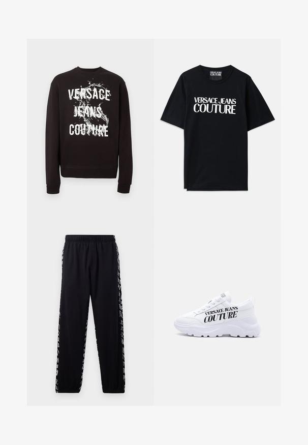 Must pika varrukaga dressipluus valge "Versace Jeans Couture" tekstiga ja ees veesplash-graafikuga. Soonilised mansetid ja alumine äär.; Mustmust värvi puuvillane T-särk lühikeste varrukatega, mille esiküljel on suur valge kiri "VERSACE JEANS COUTURE". Klassikaline ümarkaelus.; Mustad mustad püksid elastse paisutusega vöökoha ja pahkluude ümber, mille külgpindadel on valgeid abstraktseid kirjutisi.; Valged paksud tossud paksu tallaga, paela kinnitusega ja "Versace Jeans Couture" paksus mustas kirjas küljele trükitud.