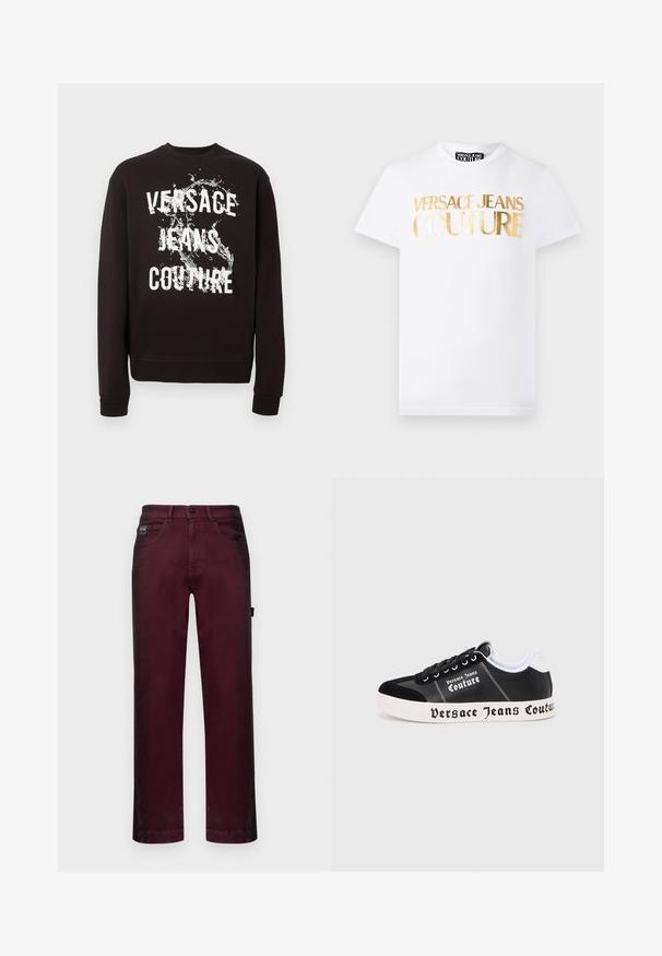 Čierna mikina s dlhými rukávmi s bielym nápisom "Versace Jeans Couture" a grafickým obrázkom vodnej prskavice vpredu. Manžety a spodný lem sú rebrované.; Biele tričko s krátkym rukávom a zlatým metalickým nápisom "Versace Jeans Couture" na prednej strane a okrúhlym výstrihom.; Burgundské denimové nohavice so streight strihom, piatimi vreckami, kovovým uzáverom a pútkami na opasok pre nastaviteľnú veľkosť.; Čierna nízka teniska s bielou podrážkou, na boku a podrážke je nápis „Versace Jeans Couture“, čierne šnúrky a biely golier na päte.