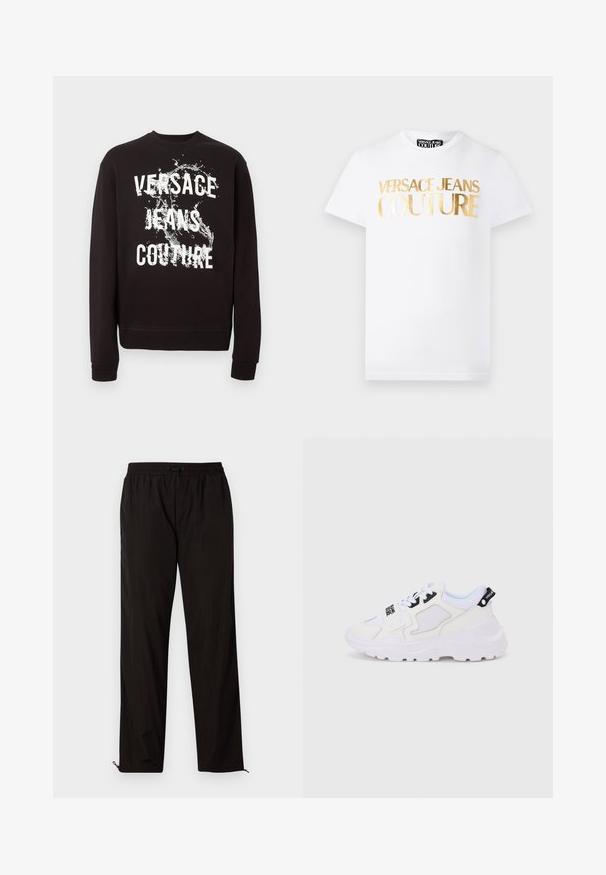 Must pika varrukaga dressipluus valge "Versace Jeans Couture" tekstiga ja ees veesplash-graafikuga. Soonilised mansetid ja alumine äär.; Valge lühikeste varrukatega T-särk, mille esiküljel on kuldse metallikuga kiri "Versace Jeans Couture" ja ümara kaelusega.; Mustad mustriga püksid elastse vöökoha, nööridega sulgemise ja reguleeritavate sääreotstega, millel on lukud. Sile ja läikiv tekstuur.; Valged spordijalatsid paksu tallaga, võrgust ja sünteetilisest materjalist pealsed, mustad detailid ja paelad. Tekstureeritud disain ja logo kandadel.