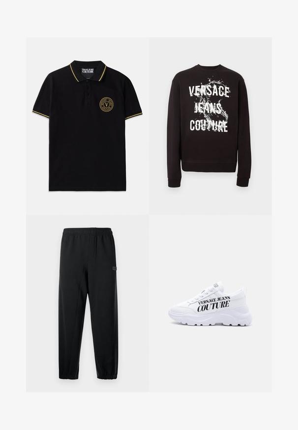 Must pika varrukaga dressipluus valge "Versace Jeans Couture" tekstiga ja ees veesplash-graafikuga. Soonilised mansetid ja alumine äär.; Must mustaga on valmistatud puuvillast, millel on kollase triibuga krae, kahe nupuga värvel ja vasakul rinnal brodeeritud ümmargune logo.; Mustad mustad püksid elastse vöökohaga, kitsenevad jalad ja väike bränditud silt. Valmistatud siledast, kergekaalu kangast.; Valged paksud tossud paksu tallaga, paela kinnitusega ja "Versace Jeans Couture" paksus mustas kirjas küljele trükitud.