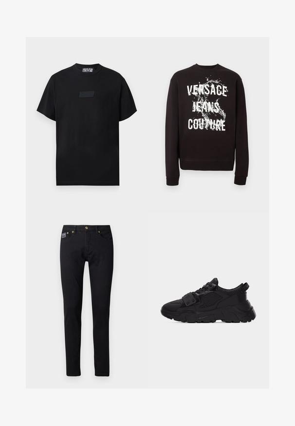 Sweatshirt noir à manches longues avec texte blanc "Versace Jeans Couture" et motif éclaboussure d'eau sur le devant. Poignets et ourlet côtelés.; T-shirt noir à manches courtes avec col rond, arborant un logo Versace Jeans Couture noir en relief discret sur la poitrine.; Jeans en denim noir avec une coupe slim, ornés de garnitures en ton doré, cinq poches, et une petite étiquette de marque sur la poche droite.; Baskets noires épaisses avec des panneaux en mesh et cuir, semelle épaisse texturée, devant à lacets et une bride avec des clous métalliques traversant les lacets.