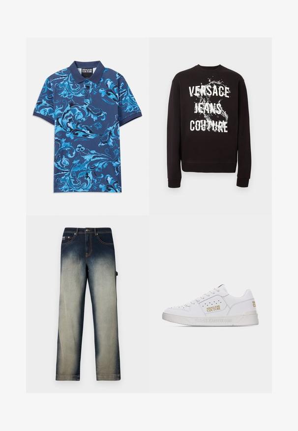 Čierna mikina s dlhými rukávmi s bielym nápisom "Versace Jeans Couture" a grafickým obrázkom vodnej prskavice vpredu. Manžety a spodný lem sú rebrované.; Námornícka polokošeľa s modrým kvetinovým vírením, krátkymi rukávmi a golierom na gombíky. Vyrobená z bavlnenej látky, hladká textúra.; Rovné džínsy z denimu s vyblednutým efektom, prechádzajúce od tmavomodrého pásu po svetlomodré nohy, so prednými vreckami a pútkami na opasok.; Biela nízka teniska s perforovanými detailmi, šnurovacím predkom a zlatými logami "Versace Jeans Couture" na boku a päte.