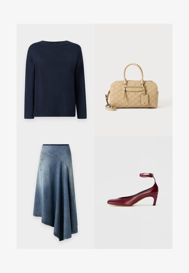 Mørkeblå langærmet trøje med rund halsudskæring, ensfarvet strikket tekstur og afslappet pasform på hvid baggrund.; Denim wrap nederdel i lys til mørk blå gradient, med en broderet blomsterdesign på den ene side og synlige stikninger langs kanterne.; Bordeaux læder højhælede sko med en rund tå og en ankelrem, der har en moderat konisk hæl og en glat overflade.; Beige Michael Kors håndtaske med præget MK-mønster, dobbelte håndtag, frontlynlåslomme og aftagelig skulderrem på hvid baggrund.