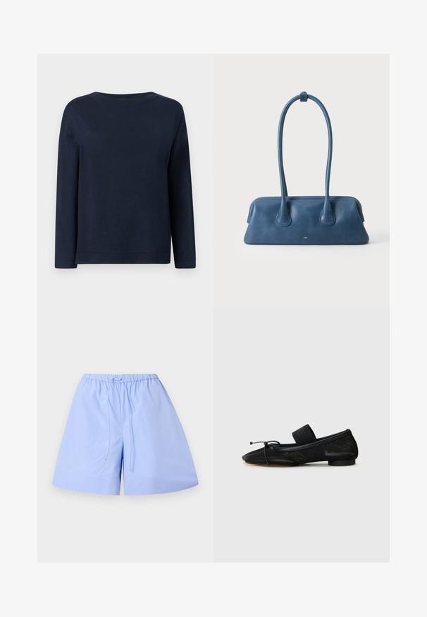 Suéter de manga larga azul marino con cuello redondo, textura de punto lisa y corte holgado sobre fondo blanco.; Pantalones cortos de algodón azul claro con un patrón a rayas, cinturilla elástica y cordón ajustable. Presentan un ajuste relajado y una textura suave.; Zapato plano negro con punta afilada, hecho de tela texturizada, con un lazo como adorno y un pequeño tacón redondo. Banda elástica en el tobillo.; Bolso de cuero azul con asas largas y base rectangular, sobre un fondo blanco liso.