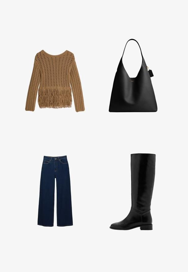 Brun strikket sweater med lodrette ribber, accentueret med frynser ved kanten. Har en rund halsudskæring og lange ærmer.; Mørkeblå vidde jeans i denim; har forlommer og knaplukning; fremtrædende syninger langs sømmene; ingen mønstre eller udsmykninger.; Sorte læderknæhøje støvler med en glat overflade, rund tå, let hæl og minimalistisk design. Har en tætsiddende skaft og stitched detaljer.; Sort lædertaske fra Coach med en enkelt skulderrem og et lille hængende mærke på højre side.