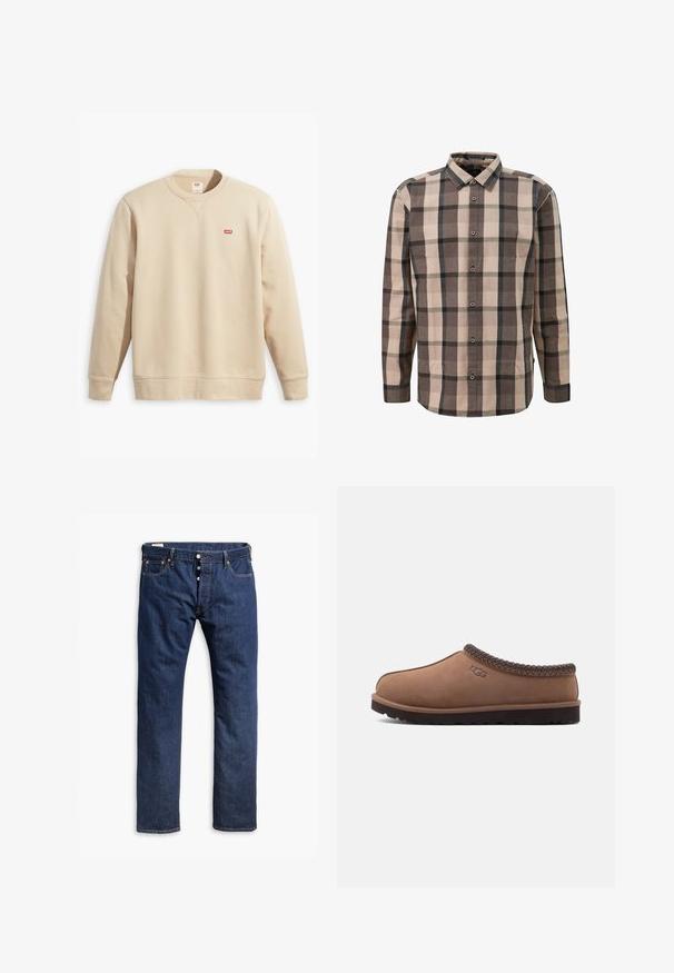 Beige sweatshirt met ronde halslijn, lange mouwen en ribbelmanchetten. Voorzien van een klein rood Levi's-logo op de voorkant. Zachte textuur.; Langearmige blouse met een beige, bruine en zwarte geblokte print en een klassieke kraag.; Donkerblauwe denim jeans met een recht pijpdesign, contrasterende stiksels, een knopenrits en vijf-pocketstijl.; Bruine suède instapschoen met een geweven bovenrand, afgeronde neus en een getextureerde donkere rubberen zool. Geëmboste logo aan de zijkant.
