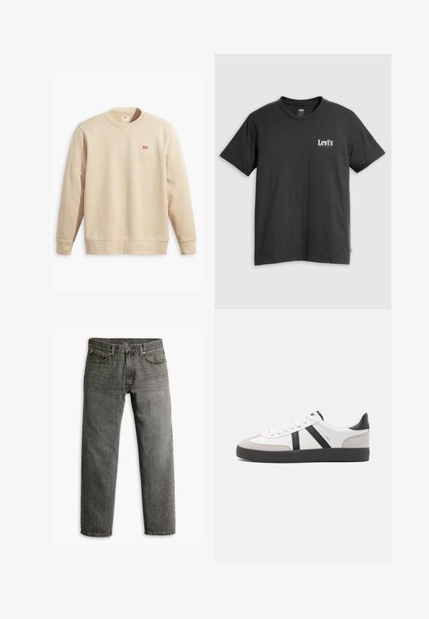 Beiger Sweatshirt mit Rundhalsausschnitt, langen Ärmeln und gerippten Bündchen. Verfügt über ein kleines rotes Levi's-Logo auf der Vorderseite. Weiche Textur.; Schwarzes Baumwoll-T-Shirt mit kurzen Ärmeln, Rundhalsausschnitt und weißem "Levi's"-Logo auf der linken Brust. Weiche Textur, legerer Schnitt.; Graue Jeans aus Denim mit geradem Bein, klassischem Fünf-Taschen-Design und dezenten Nähten an den Säumen und Taschen.; Weiße Sneaker mit schwarz- und grau-aczenten, ausgestattet mit einer strukturierten grauen Zehenkappe, schwarzer Gummi-Sohle und flachen weißen Schnürsenkeln. Sauberes Design, minimalistische Stil.