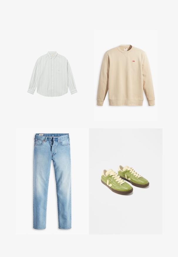 Sweatshirt beige avec un col rond, des manches longues et des poignets côtelés. Présente un petit logo rouge Levi's sur le devant. Texture douce.; Chemise blanche à manches longues avec des rayures verticales gris clair et une poche poitrine, présentée à plat sur fond blanc.; Jean en denim bleu clair avec une coupe droite, doté de cinq poches, de passants pour ceinture et d'une fermeture à boutons.; Paire de baskets basses vertes avec lacets crème, languettes de talon beige et semelles en caoutchouc marron foncé sur fond blanc.
