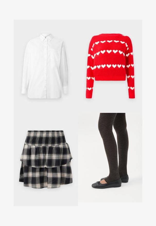 Rode gebreide cropped sweater met witte hartpatronen. Heeft een ronde halslijn en ribgebreide mouwen en onderkant. Zachte textuur en relaxed fit.; Witte langhuisshirt met knopen en kraag, met een borstzak, weergegeven tegen een eenvoudige witte achtergrond.; Zwart-wit geruite tiered rok met smock tailleband. Heeft gerimpelde lagen en een zachte katoentextuur.; Benen met donkere geribbelde leggings gecombineerd met zwarte ballerina's met kleine strikdetails op een witte achtergrond.