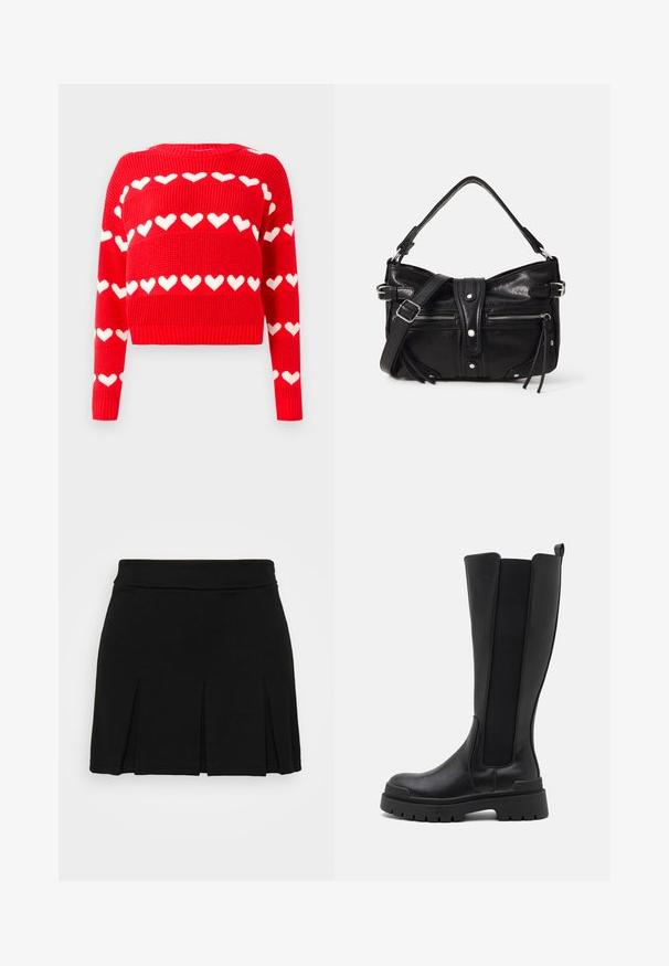 Rød strikket cropped sweater med hvide hjerte-mønstre. Har rund halsudskæring og ribbede manchetter og kant. Blød tekstur og afslappet pasform.; Even&Odd Mini skirts - black; Even&Odd Plateaustøvler - black; Even&Odd H24462 - Håndtasker - black