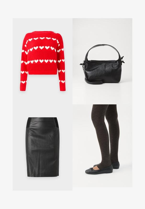 Pull court en tricot rouge avec des motifs de cœurs blancs. Doté d'un col rond et de poignets et d'un ourlet côtelés. Texture douce et coupe décontractée.; Jupe crayon en cuir noir avec une coupe ajustée, texture lisse et accents de ceinture élastique de chaque côté. Ourlet plat en bas.; Jambes portant des leggings côtelés foncés associés à des ballerines noires avec de petits détails en nœud sur fond blanc.; Sac à main en cuir noir au design structuré, avec une poignée arrondie et une bandoulière amovible. Présente une texture lisse et un éclat subtil.