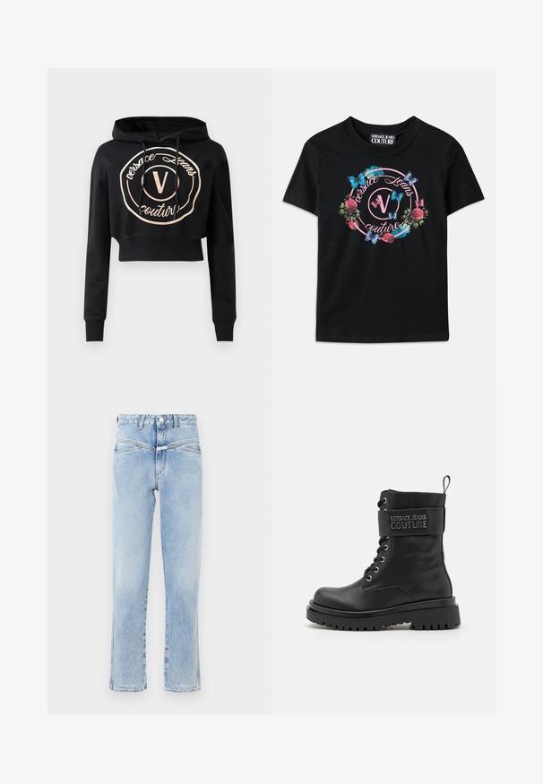 Hoodie noir court avec des manches longues, présentant un logo circulaire en rose gold et des cordons de serrage au niveau du col. Fabriqué en tissu doux.; T-shirt noir avec un graphique coloré de fleurs et de papillons, agrémenté d'accents roses et bleus. "Versace Jeans Couture" imprimé dans un design circulaire.; Jean en denim bleu clair avec taille haute et coupe droite. Présente un léger délavage, un design standard à cinq poches, et une fermeture à bouton en métal.; Botte de combat noire avec une finition brillante, dotée d'une cheville rembourrée, d'un laçage à l'avant et d'une sangle estampillée du logo sur le dessus. Semelle en caoutchouc.