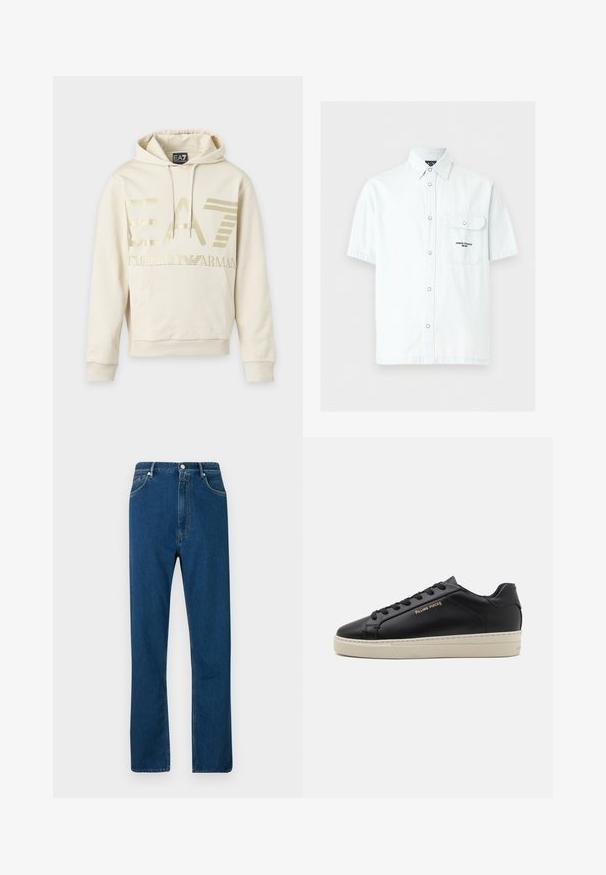 Cremefarbener Hoodie mit goldenem EA7 Emporio Armani-Logo, Fronttasche und Kordelzug in der Kapuze.; Hellblaues kurzärmeliges Hemd mit Knopfleiste, Fronttasche mit Klappe und dem Schriftzug "Armani Exchange Milano" auf der Tasche.; Blaue Jeans mit hohem Bund, geradem Schnitt, Fünf-Taschen-Design und kontrastierendem orangefarbenem Nähen. Geschmeidige Textur.; Schwarze Leder-Sneaker mit glatter Oberfläche, kontrastierender cremefarbener Sohle, abgerundeter Spitze, goldfarbenem Logo an der Seite und sechs Ösen für die Schnürsenkel.