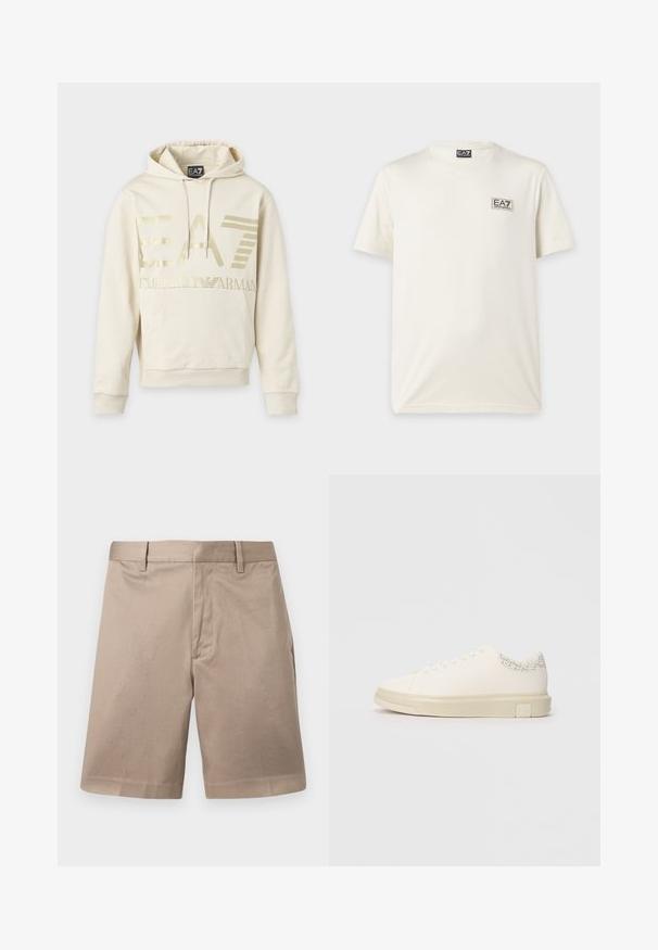 Sweat à capuche couleur crème avec un logo doré EA7 Emporio Armani, poche avant et cordon de serrage à la capuche.; T-shirt blanc uni à manches courtes avec col rond et petit logo EA7 Emporio Armani noir et blanc sur la poitrine gauche.; Shorts chino beige jusqu'au genou avec passants pour ceinture, couture avant et taille ajustée, présentés sur un fond uni.; Sneaker blanc avec une tige en toile lisse, des lacets plats, un col rembourré et un accent gris texturé à l'arrière. Semelle en caoutchouc épaisse.