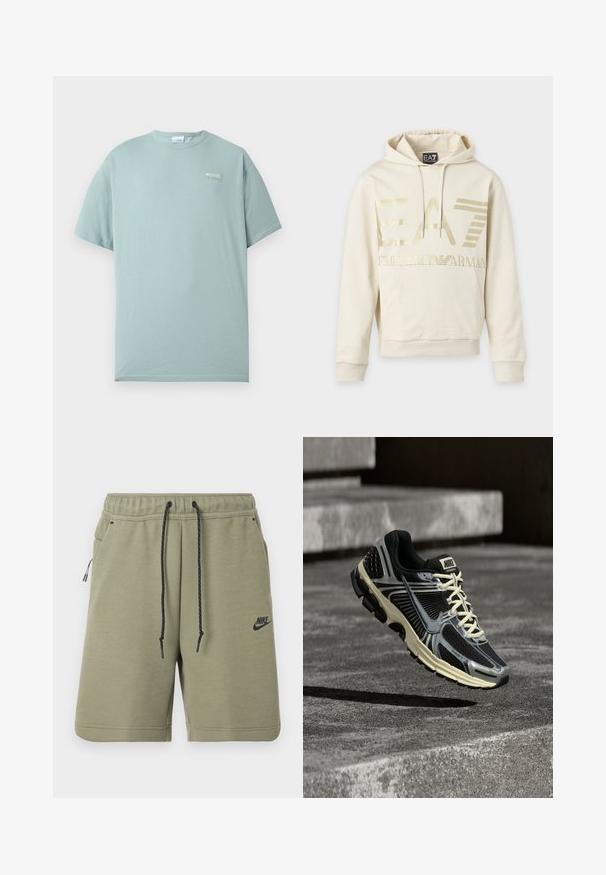 Φούτερ μπεζ χρώματος με χρυσλό λογότυπο EA7 Emporio Armani, μπροστινή τσέπη και κορδόνι στην κουκούλα.; Ανοιχτό μπλε κοντομάνικη μπλούζα με στρογγυλή λαιμόκοψη και μικρό λευκό λογότυπο Columbia στο αριστερό στήθος, πάνω σε απλό λευκό φόντο.; Χακί πράσινα σορτς Nike με μαύρο κορδόνι, ελαστική μέση, πλαϊνές τσέπες και λογότυπο Nike στο αριστερό πόδι.; Μαύρο και γκρι αθλητικό παπούτσι τρεξίματος Nike με κρεμ κορδόνια που αιωρείται πάνω από μια υφή από σκυρόδεμα.