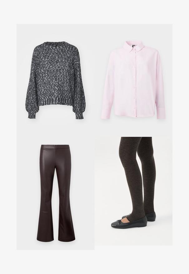 Strikket sort-hvid sweater med struktur, rund halsudskæring, lange ballonærmer samt ribkant ved ærmer og bund. Casual pasform, varmt materiale.; Lyserød langærmet skjorte med knaplukning foran, klassisk krave, lavet af blødt stof, med en afslappet pasform og glat tekstur.; Brune faux læder flared bukser med en glat tekstur, høj talje og et rent design, der har flared ben ved kanten for ekstra stil.; Ben iført mørke ribbede leggings kombineret med sorte balletsko med små sløjfedetaljer på hvid baggrund.