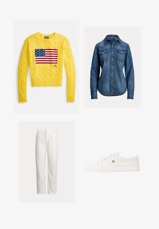 Gelber Strickpullover mit Zopfmuster, der ein rechteckiges amerikanisches Flaggenmotiv in Rot, Weiß und Blau zeigt, mit gerippten Bündchen an Ärmeln und Saum. Logo auf der Brust.; Langärmeliges blaues Denimhemd mit Perlmutt-Druckknöpfen, zwei Brustklappentaschen und spitzem Kragen von Polo Ralph Lauren.; Weiße Hose mit geradem Bein, großen aufgesetzten Taschen vorne, Gürtelschlaufen und Knopfverschluss in der Taille.; Lauren Ralph Lauren JANSON II CANVAS SNEAKER - Sneaker low - optic white