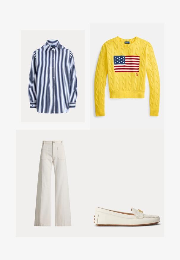 Gul kabelstrikket sweater med et rektangulært amerikansk flagdesign i rød, hvid og blå, med ribbede manchetter og kant. Logo på brystet.; Blå og hvide stribede langærmede skjorte med slå-om knapper, enkeltlomme, blødt stof, afslappet pasform, manchetter med striber.; Hvide bukser med høj talje og vide ben med forlommer, bæltestropper og knappelukning foran.; Hvid læderloafer med tan gummisål og lille guldbeklædt spænde på toppen, vist fra siden på en ensfarvet baggrund.