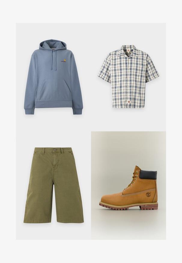 Sweat à capuche Carhartt bleu clair avec poche kangourou à l’avant, capuche réglable avec cordons, et petit logo jaune et rouge sur la poitrine.; Chemise à manches courtes, boutonnée avec un motif à carreaux bleu et noir et une poche poitrine, posée à plat sur un fond blanc.; Shorts longueur genou vert olive avec passants de ceinture, bouton frontal, fermeture éclair et poches latérales, présentés sur fond blanc.; Bottine en cuir marron avec col noir, lacets jaunes et semelle beige. Présente un logo et des détails de couture blanche. Semelle extérieure à traction robuste.