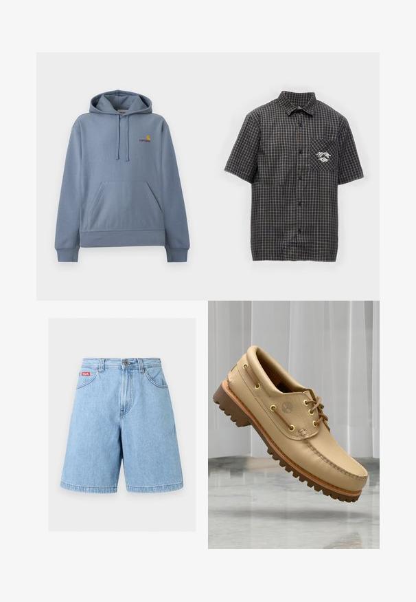 Sweat à capuche Carhartt bleu clair avec poche kangourou à l’avant, capuche réglable avec cordons, et petit logo jaune et rouge sur la poitrine.; Chemise à manches courtes avec boutons, motif à carreaux noir et gris et petit logo sur la poche poitrine gauche.; Short en denim bleu clair avec fermeture avant par bouton et zip, passants de ceinture et poches avant, présenté sur un fond uni.; Chaussure bateau en cuir marron clair avec semelle épaisse et striée et détails de lacets, flottant au-dessus d'un sol en marbre et d'un fond de stores verticaux blancs.