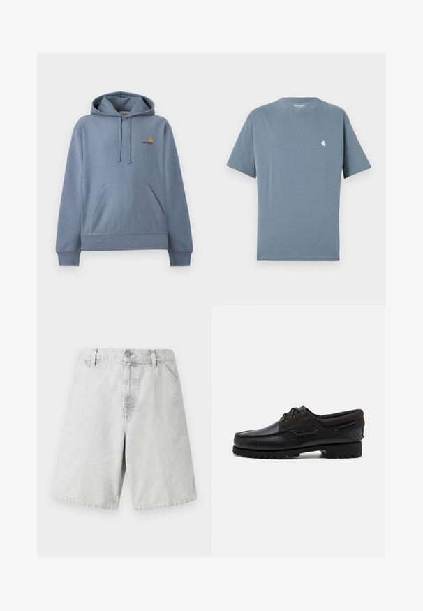 Lichtblauwe Carhartt hoodie met frontale kangoeroezak, verstelbare capuchon met trekkoorden en klein geel-rood logo op de borst.; Blauw Carhartt T-shirt met korte mouwen, ronde hals en klein wit logo op de linkerborst, maat large.; Lichtgrijze katoenen shorts met een klassieke snit, voorzien van een ritssluiting, riemlussen en zijzakken. Gladde textuur met een eenvoudig ontwerp.; Zwarte schoen met een leren bovenzijde, textiele accenten, ronde veters en een getextureerde rubberen zool. Voorzien van mocassin-stiksel en merkdetails.
