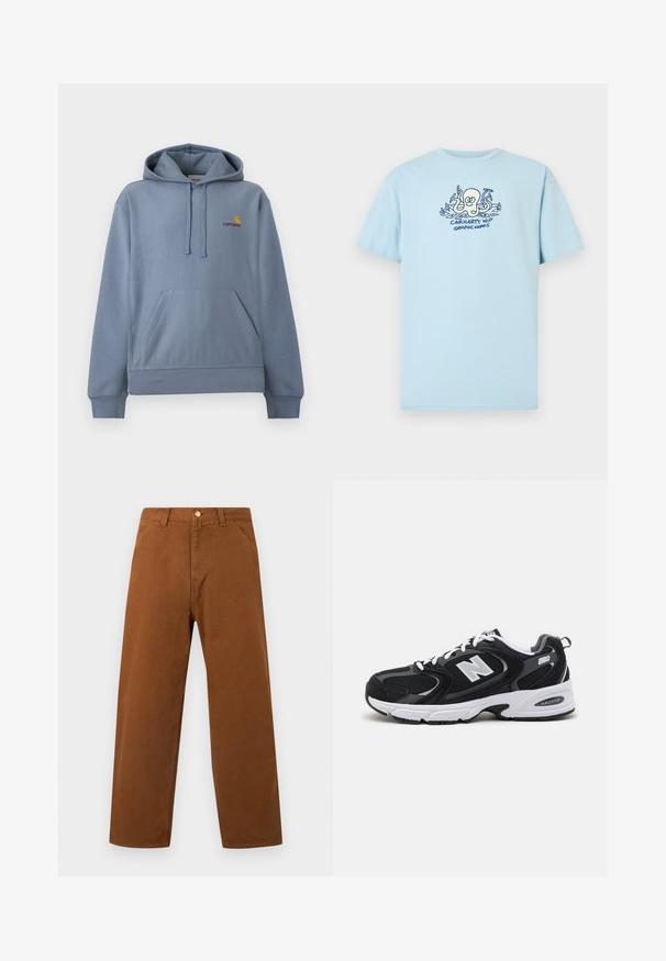 Φωτεινό γαλάζιο φούτερ Carhartt με μπροστινή τσέπη καγκουρό, ρυθμιζόμενο καπό με κορδόνια και μικρό κίτρινο και κόκκινο λογότυπο στο στήθος.; Ανοιχτό μπλε βαμβακερό t-shirt με γραφικό τύπωμα ενός χταποδιού και κείμενο "CARHARTT WIP GRAPHIC WORKS" σε σκούρο μπλε. Κοντά μανίκια, λαιμόκοψη στρογγυλή.; Καφέ παντελόνι με ίσια γραμμή, θηλιές για ζώνη, εμπρόσθιες τσέπες και κούμπωμα με κουμπί στη μέση, παρουσιάζεται σε απλό φόντο.; Μαύρα και γκρι αθλητικά παπούτσια με ανώτερο μέρος από δίχτυ και σουέτ, διαθέτοντας λευκή ενδιάμεση σόλα, κορδόνια και έντονο λογότυπο "N" στο πλάι.