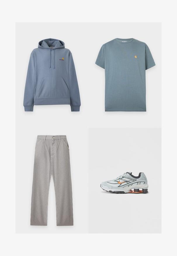 Φωτεινό γαλάζιο φούτερ Carhartt με μπροστινή τσέπη καγκουρό, ρυθμιζόμενο καπό με κορδόνια και μικρό κίτρινο και κόκκινο λογότυπο στο στήθος.; Μπλε κοντομάνικη μπλούζα Carhartt με μικρό κίτρινο λογότυπο στο αριστερό στήθος, απλωμένη σε λευκό φόντο.; Ανδρικό ριγέ παντελόνι με κάθετες μαύρες και λευκές λεπτές ρίγες, μπροστινό κούμπωμα με κουμπιά, θηλιές για ζώνη και πλαϊνές τσέπες.; Ανοιχτό γκρι αθλητικό παπούτσι με μαύρες λεπτομέρειες, πορτοκαλί λογότυπο, διχτυωτό επάνω μέρος, επενδεδυμένο κολάρο και λαστιχένια σόλα με ορατές μονάδες απορρόφησης κραδασμών.