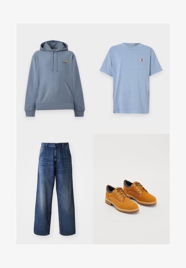 Φωτεινό γαλάζιο φούτερ Carhartt με μπροστινή τσέπη καγκουρό, ρυθμιζόμενο καπό με κορδόνια και μικρό κίτρινο και κόκκινο λογότυπο στο στήθος.; Ανοιχτό μπλε βαμβακερό μπλουζάκι με κοντά μανίκια, στρογγυλή λαιμόκοψη και μια μικρή τετράγωνη ετικέτα με λογότυπο που απεικονίζει το στιλιζαρισμένο γράμμα "C" στο στήθος.; Ψηλόμεσες μπλε τζιν παντελόνες με φαρδύ κόψιμο, με ήπια φθορά, μπροστινές τσέπες και κούμπωμα με κουμπί στη μέση.; Καφέ σουέτ παπούτσια με στρογγυλή μύτη, κίτρινες κορδόνες, μαξιλαρένιο μαύρο κολάρο και ελαστικές σόλες με αυλακώσεις για πρόσφυση.