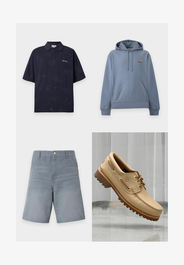 Sweat à capuche Carhartt bleu clair avec poche kangourou à l’avant, capuche réglable avec cordons, et petit logo jaune et rouge sur la poitrine.; Polo noir à manches courtes avec de petites éclaboussures de peinture blanche et un petit logo Carhartt blanc sur la poitrine gauche.; Shorts gris mi-genou avec passants de ceinture, poches latérales et fermeture par bouton à l'avant.; Chaussure bateau en cuir marron clair avec semelle épaisse et striée et détails de lacets, flottant au-dessus d'un sol en marbre et d'un fond de stores verticaux blancs.