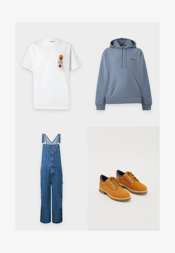 Light blue Carhartt hoodie with front kangaroo pocket, adjustable hood with drawstrings, and small yellow and red logo on the chest.; White short-sleeve T-shirt with small colorful graphic patches on left chest, including grapes, text, and a stylized "C" logo.; Blue denim overalls with adjustable shoulder straps, front chest pocket, two side pockets, and wide-leg pants on a white background.; Brown suede shoes with a rounded toe, yellow laces, a padded black collar, and rubber soles featuring traction grooves.