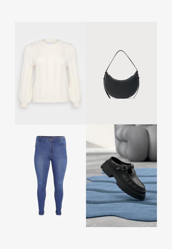 Hvid kabelstrikket sweater med lange ærmer, rundt halsudskæring, struktureret mønster og ribbede manchetter. Letvægtsmateriale med dekorative detaljer.; Blå skinny jeans med forlommer, bæltestropper, knaplukning og let falmet effekt på lår og knæ.; Sort læderloafer med chunky profil sål og sølvspænde, placeret i en vinkel på et struktureret blåt tæppe.; Sort læderhåndtaske formet som en halvmåne med en enkelt rem og guldfarvede lynlåsdetailler på en ensartet lys baggrund.