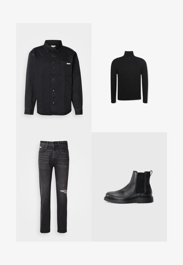 Schwarzer Langarm-Rollkragenpullover mit schmaler Passform und dezentem Logo auf der linken Brustseite, dargestellt vor weißem Hintergrund.; Schwarze Jeanshemd mit spitzem Kragen, langen Ärmeln, einer einzelnen Brusttasche und einem kleinen Markenetikett auf der Tasche.; Schwarze Denim-Jeans mit gerade geschnittenem Bein, ausgefransten Details an den Knien, Fünf-Taschen-Stil und einem dezenten, ausgewaschenen Finish.; Schwarze Leder-Chelsea-Boots mit strukturiertem Finish, elastischen seitlichen Einsätzen und einer robusten Gummisohle. Dezentes Branding an der Ferse.