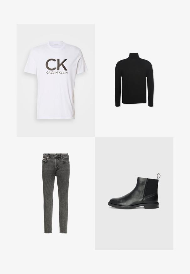 Zwarte coltrui met lange mouwen, een slanke pasvorm en een subtiel logo op de linkerborst, weergegeven op een witte achtergrond.; Witte katoenen t-shirt met een groot zwart "CK" logo en "CALVIN KLEIN" tekst eronder. Klassieke ronde hals en korte mouwen.; Slim-fit vervaagde zwarte denim jeans met vijf zakken, riemlussen en knoopsluiting in de taille, van voren getoond op een witte achtergrond.; Zwarte leren enkellaarzen met elastische zijpanelen, ronde neus, lage blokhak en een treklipje aan de achterkant voor gemakkelijk aan- en uittrekken.