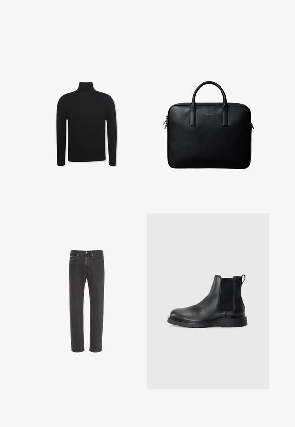 Pull noir à col roulé manches longues, coupe ajustée et logo discret sur la partie gauche de la poitrine, présenté sur fond blanc.; Jean en denim noir à coupe droite avec fermeture avant par bouton et zip, poches avant et arrière, présenté sur fond blanc.; Bottes Chelsea en cuir noir avec une finition texturée, des panneaux latéraux élastiques et une semelle en caoutchouc robuste. Branding subtil sur le talon.; Mallette en cuir noir texturé avec double poignées et tirettes de fermeture éclair argentées, centrée sur fond blanc.